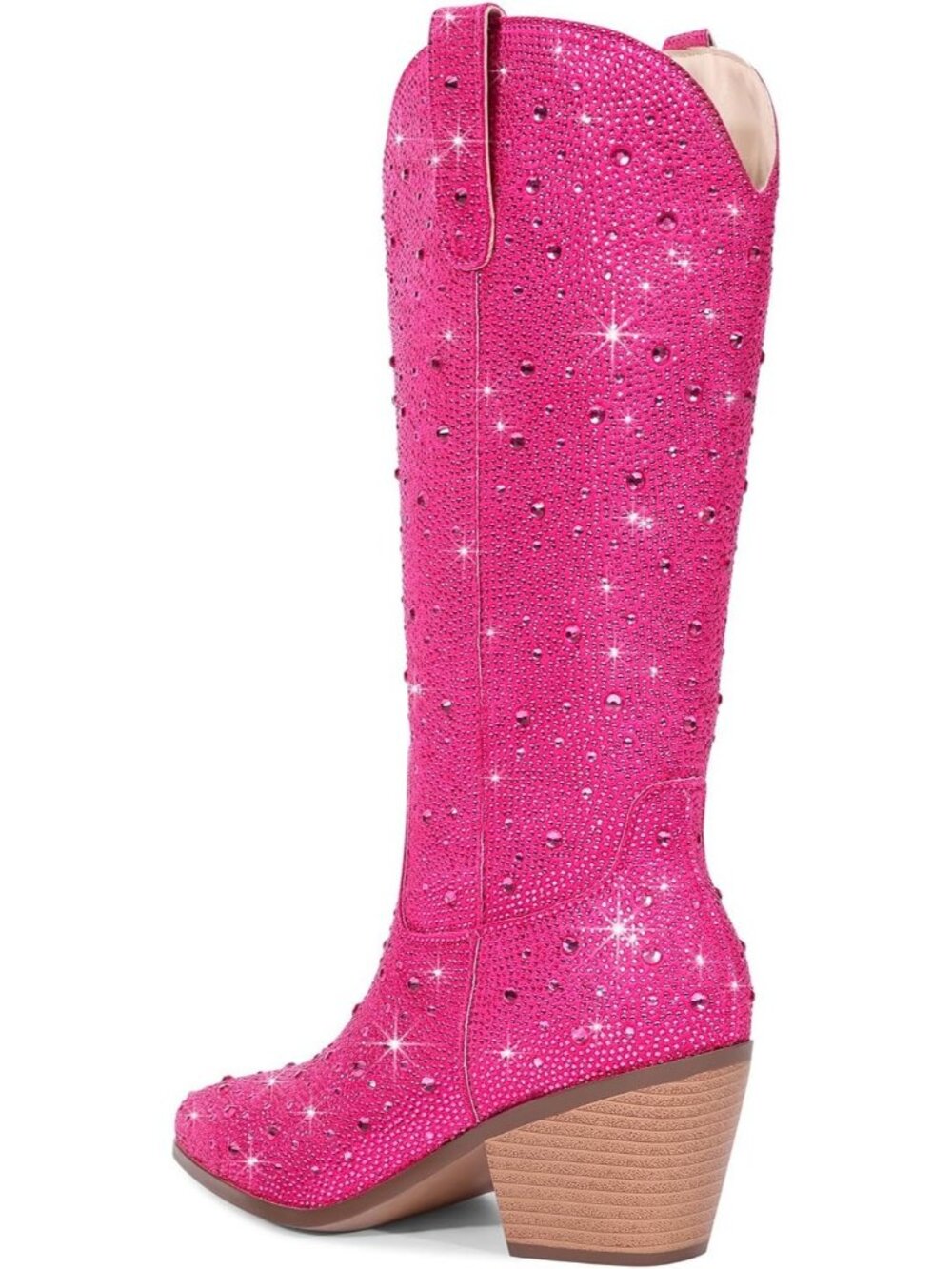 Women's Mid Calf Pink Western Rhinestone Chunky Heel Fashion Cowgirl Ankle Boot - Picture 6 of 6